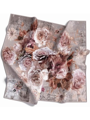 Violla Rayon Büyük Çiçek Desenli Bej Renkli 90X90 Eşarp (Ipek Içermez) Kenar Dikiş Şekli El Dikişli