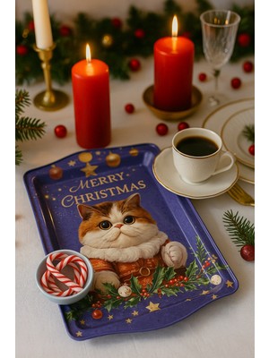 Atagift Hediyelik Merry Christmas Kedicik Temalı Metal Kahve & Tatlı Sunum Tepsisi 25 x 16CM Küçük Boy