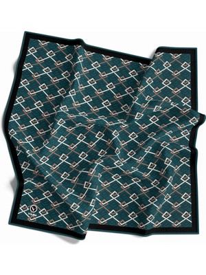 Violla Twill Bordürlü Ekose Desenli Petrol Yeşili Renkli 90X90 Eşarp (Ipek Içermez) Kenar Dikiş Şekli El Di