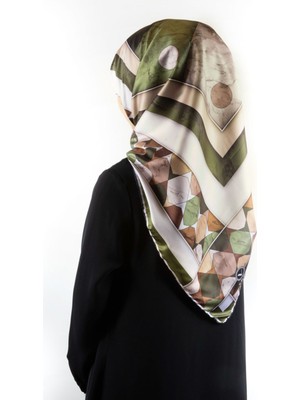 Violla Twill Geometrik Mermer Desenli Haki Renkli 90X90 Eşarp (Ipek Içermez) Kenar Dikiş Şekli El Dikişli