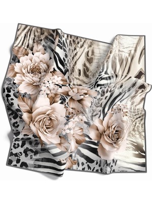 Violla Twill Renkli Şerit Desenli Gri Renkli 90X90 Eşarp (Ipek Içermez) Kenar Dikiş Şekli El Dikişli