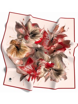 Violla Twill Çiçek Desenli Bordo - Bej Renkli 90X90 Eşarp (Ipek Içermez) Kenar Dikiş Şekli El Dikişli