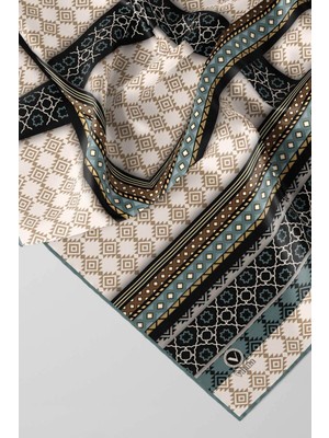 Violla Twill Etnik Desenli Koyu Mint Yeşili Renkli 90X90 Eşarp (Ipek Içermez) Kenar Dikiş Şekli El Dikişli