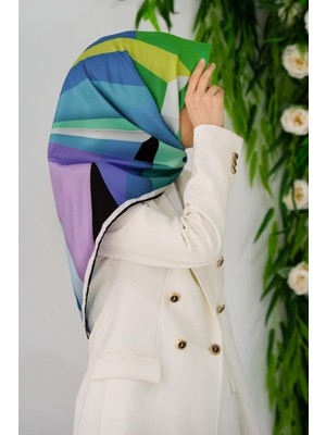 Violla Twill Geometrik Desenli Indigo Renkli 90X90 Eşarp (Ipek Içermez) Kenar Dikiş Şekli El Dikişli