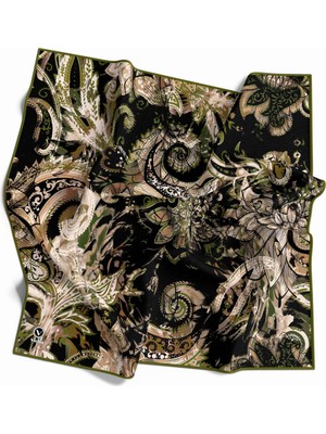 Violla Twill Şal Desenli Haki Renkli 90X90 Eşarp (Ipek Içermez) Kenar Dikiş Şekli El Dikişli