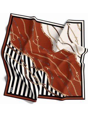 Violla Twill Çizgili Zincir ve Kemer Desenli Taba Renkli 90X90 Eşarp (Ipek Içermez) Kenar Dikiş Şekli El Di