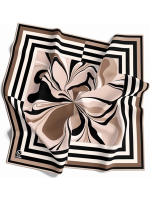 Violla Twill Çizgili Bordürlü ve Ebru Çiçek Desenli Bej Renkli 90X90 Eşarp (Ipek Içermez) Kenar Dikiş Şekli
