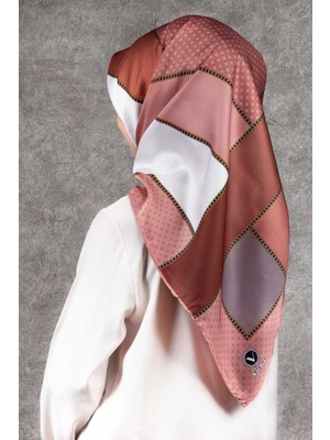 Violla Twill Geometrik Desenli Pudra - Gri Renkli 90X90 Eşarp (Ipek Içermez) Kenar Dikiş Şekli El Dikişli