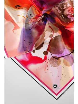 Violla Twill Suluboya Çiçek Desenli Kırmızı Renkli 90X90 Soft Eşarp Kenar Dikiş Şekli El Dikişli