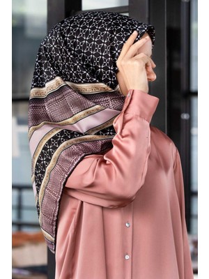 Violla Twill Gold Bordürlü Geometrik Desenli Vizon Renkli 90X90 Eşarp (Ipek Içermez) Kenar Dikiş Şekli El D