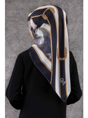 Violla Twill Kemerli ve Çiçek Desenli Siyah - Gri Renkli 90X90 Eşarp (Ipek Içermez) Kenar Dikiş Şekli El Di