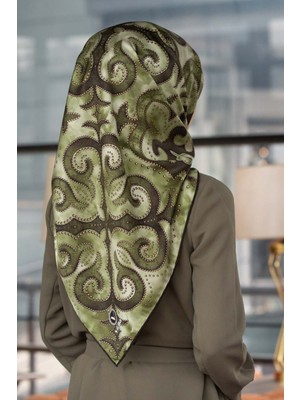 Violla Twill Barok Desenli Haki Renkli 90X90 Eşarp (Ipek Içermez) Kenar Dikiş Şekli El Dikişli