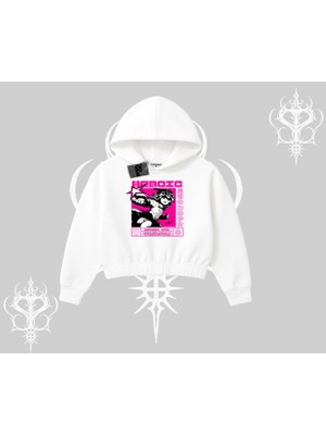 Kapşonlu Crop Sweatshirt Heroic Anime Girl Japon Stil Grafik Baskılı