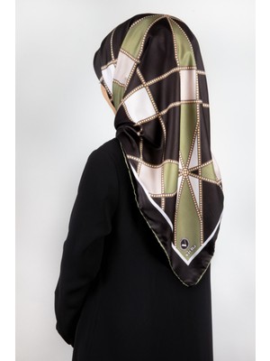 Violla Twill Gold Detaylı Geometrik Çiçekli Desenli Haki Yeşil Renkli 90X90 Eşarp (Ipek Içermez) Kenar Diki