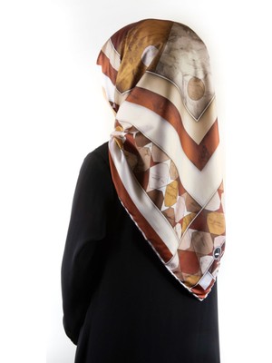 Violla Twill Geometrik Mermer Desenli Taba Renkli 90X90 Eşarp (Ipek Içermez) Kenar Dikiş Şekli El Dikişli