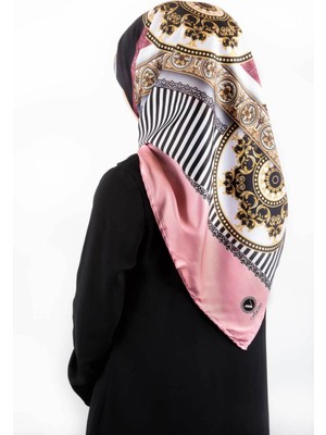 Violla Twill Çizgili ve Barok Desenli Pudra Renkli 90X90 Eşarp (Ipek Içermez) Kenar Dikiş Şekli El Dikişli