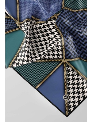 Violla Twil Geometrik ve Kazayak Desenli Indigo - Petrol Yeşili Renkli 90X90 Eşarp (Ipek Içermez) Dikim Şek