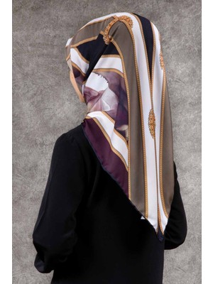 Violla Twill Kemerli ve Çiçek Desenli Bordo - Siyah Renkli 90X90 Eşarp (Ipek Içermez) Kenar Dikiş Şekli El