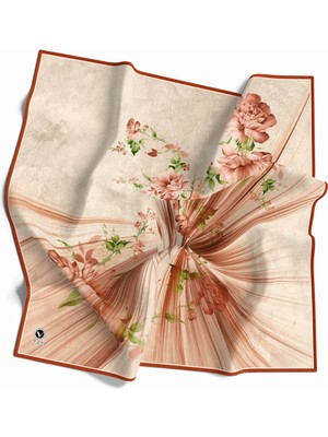 Violla Twill Çiçekli Desenli Taba Renkli 90X90 Eşarp (Ipek Içermez) Kenar Dikiş Şekli El Dikişli
