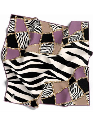 Violla Twill Zincirli ve Zebra Desenli Lila Renkli 90X90 Eşarp (Ipek Içermez) Kenar Dikiş Şekli El Dikişli