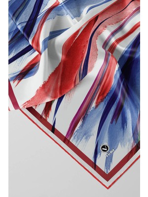 Violla Twill Fırça Desenli Indigo - Kırmızı Renkli 90X90 Eşarp (Ipek Içermez) Kenar Dikiş Şekli El Dikişli