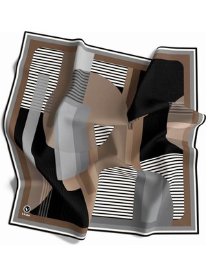 Violla Twill Çizgili ve Geometrik Desenli Bej - Gri Renkli 90X90 Eşarp (Ipek Içermez) Kenar Dikiş Şekli El