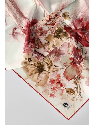 Violla Twill Çiçek Desenli Bordo Renkli 90X90 Eşarp (Ipek Içermez) Kenar Dikiş Şekli El Dikişli