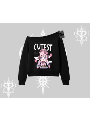 Kayık Yaka Sweatshirt Cute Anime Gamer Girl Baskılı