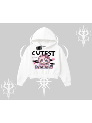 Kapşonlu Crop Sweatshirt Cute Anime Gamer Girl Baskılı