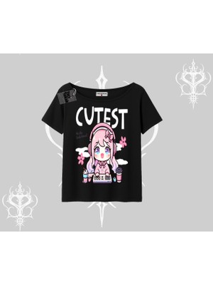 Kayık Yaka Tshirt Cute Anime Gamer Girl Baskılı