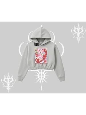 Kapşonlu Crop Sweatshirt Madness Unleashed Anime Girl Baskılı
