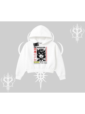 Kapşonlu Crop Sweatshirt Anime Devils Girl Japanese Style Baskılı