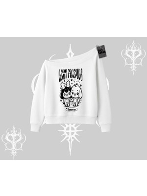 Kayık Yaka Sweatshirt Best Friends Forever Baskılı Sevimli Tasarım