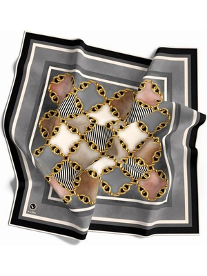 Violla Twill Zincirli Geometrik Desenli Gümüş Renkli 90X90 Eşarp (Ipek Içermez) Dikim Şekli : El Dikişi