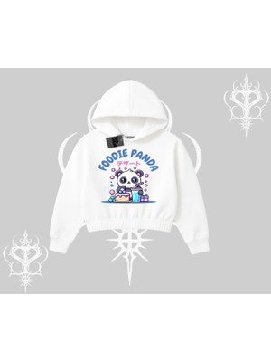 Kapşonlu Crop Sweatshirt Foodie Panda Tatlı ve Sevimli Panda Baskılı