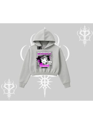 Kapşonlu Crop Sweatshirt Games Schoolgirl Anime Baskılı