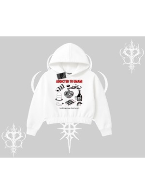 Kapşonlu Crop Sweatshirt Japon Mutfağı Umami Temalı Baskılı