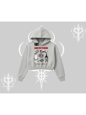 Kapşonlu Crop Sweatshirt Japon Mutfağı Umami Temalı Baskılı