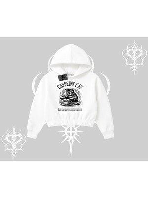 Kapşonlu Crop Sweatshirt Caffeine Cat Kahve Temalı Kedi Baskılı