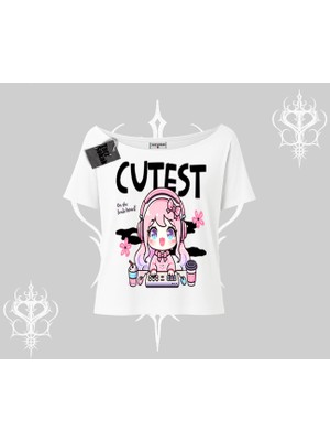 Kayık Yaka Tshirt Cute Anime Gamer Girl Baskılı