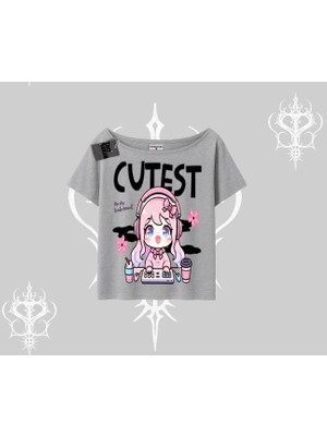 Kayık Yaka Tshirt Cute Anime Gamer Girl Baskılı