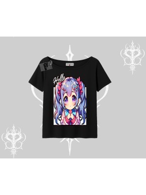 Kayık Yaka Tshirt Hello Anime Kız Sevimli Karakter Baskılı