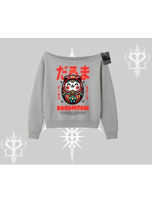 Kayık Yaka Sweatshirt Daruma Kedi Anime Baskılı