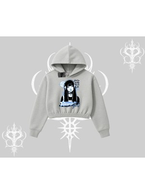 Kapşonlu Crop Sweatshirt Cyber Y2K Anime Girl Street Sound Aesthetic