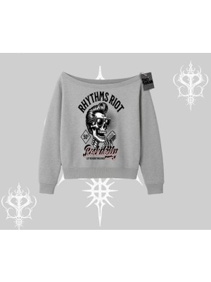 Kayık Yaka Sweatshirt Rhythms Riot Vintage Rockabilly Skull Street Aesthetic