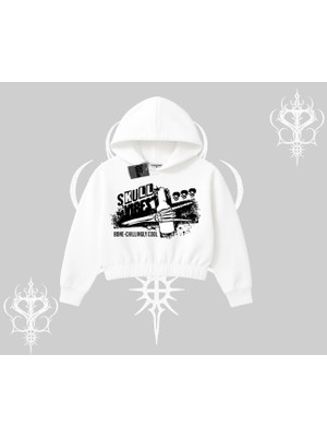Kapşonlu Crop Sweatshirt Skull Impact Bone Chilling Street Icon