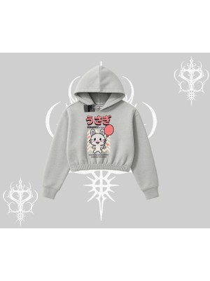 Kapşonlu Crop Sweatshirt Usagi Kawaii Cute Heart Energy