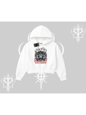 Kapşonlu Crop Sweatshirt Crowned Lion Rock Authority Myth