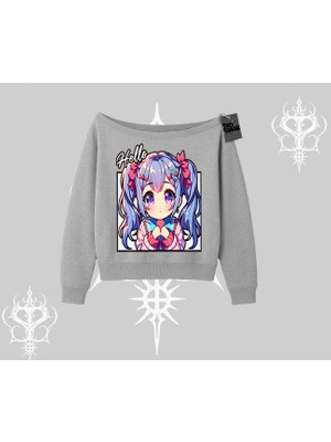 Kayık Yaka Sweatshirt Hello Anime Kız Sevimli Karakter Baskılı