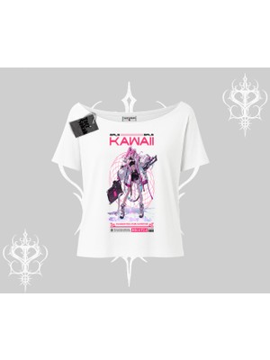 Kayık Yaka Tshirt Kawaii Cyberpunk Kız Japon Stil Baskı